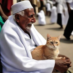 An elderly Hajj pilgrim transforming into a cat in a market.