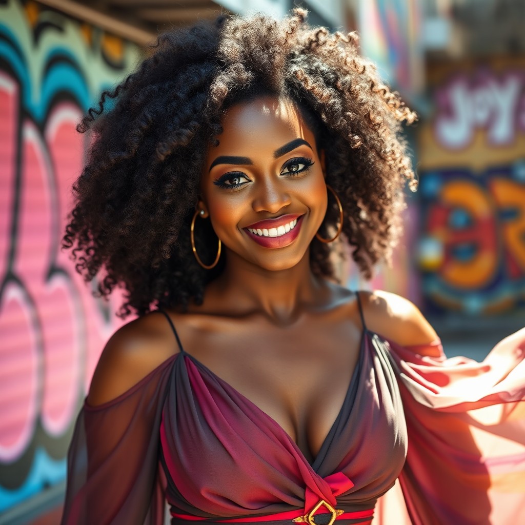 A stunning portrait of a beautiful black woman with natural curly hair, wearing an elegant, colorful dress that flows around her