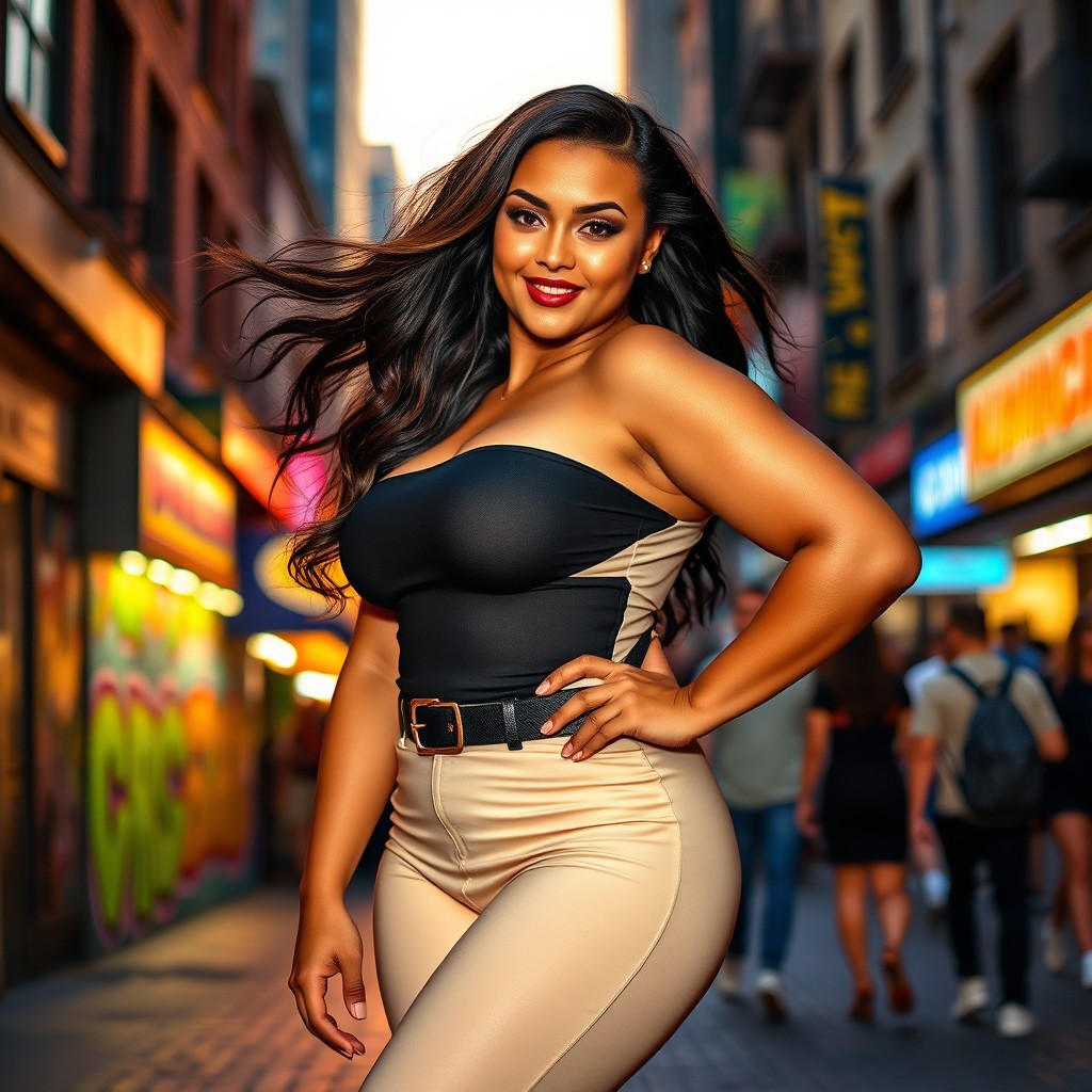 A confident and curvy woman posing with a bold fashion statement, showcasing a big and beautiful figure