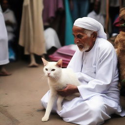 An elderly Hajj pilgrim transforming into a cat in a market.