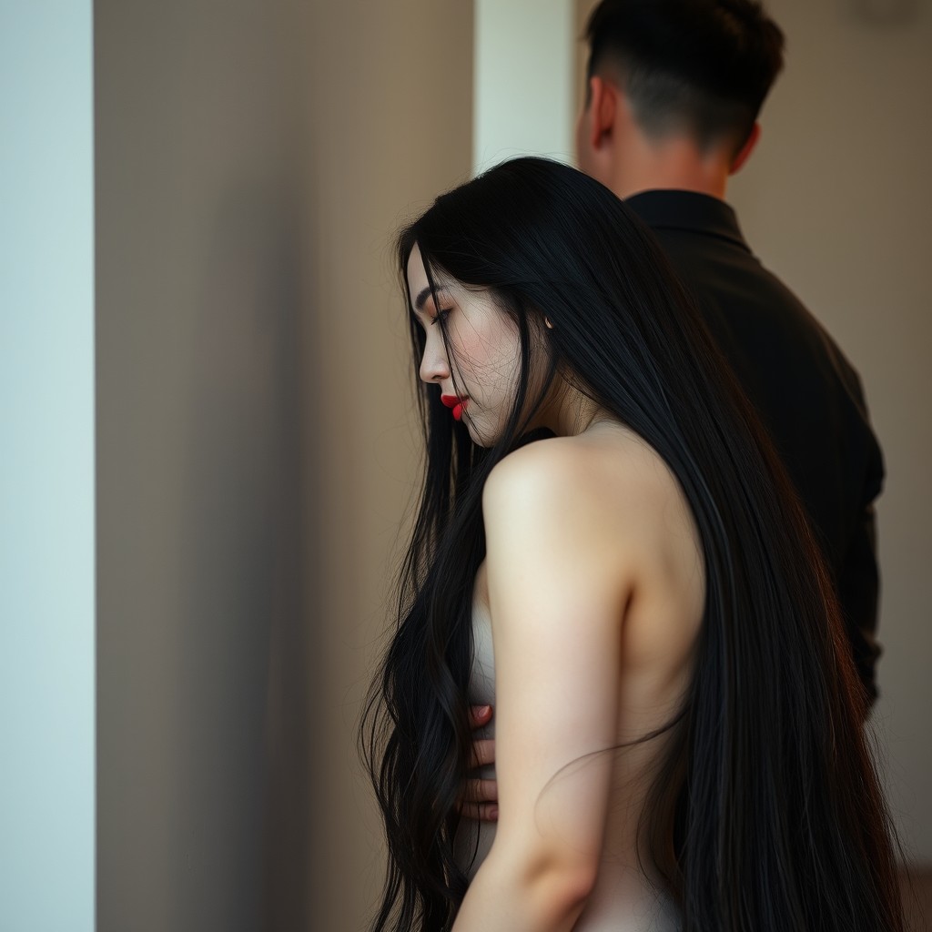 A captivating scene featuring an 18-year-old girl with exceptionally fair skin and a beautiful voluptuous figure