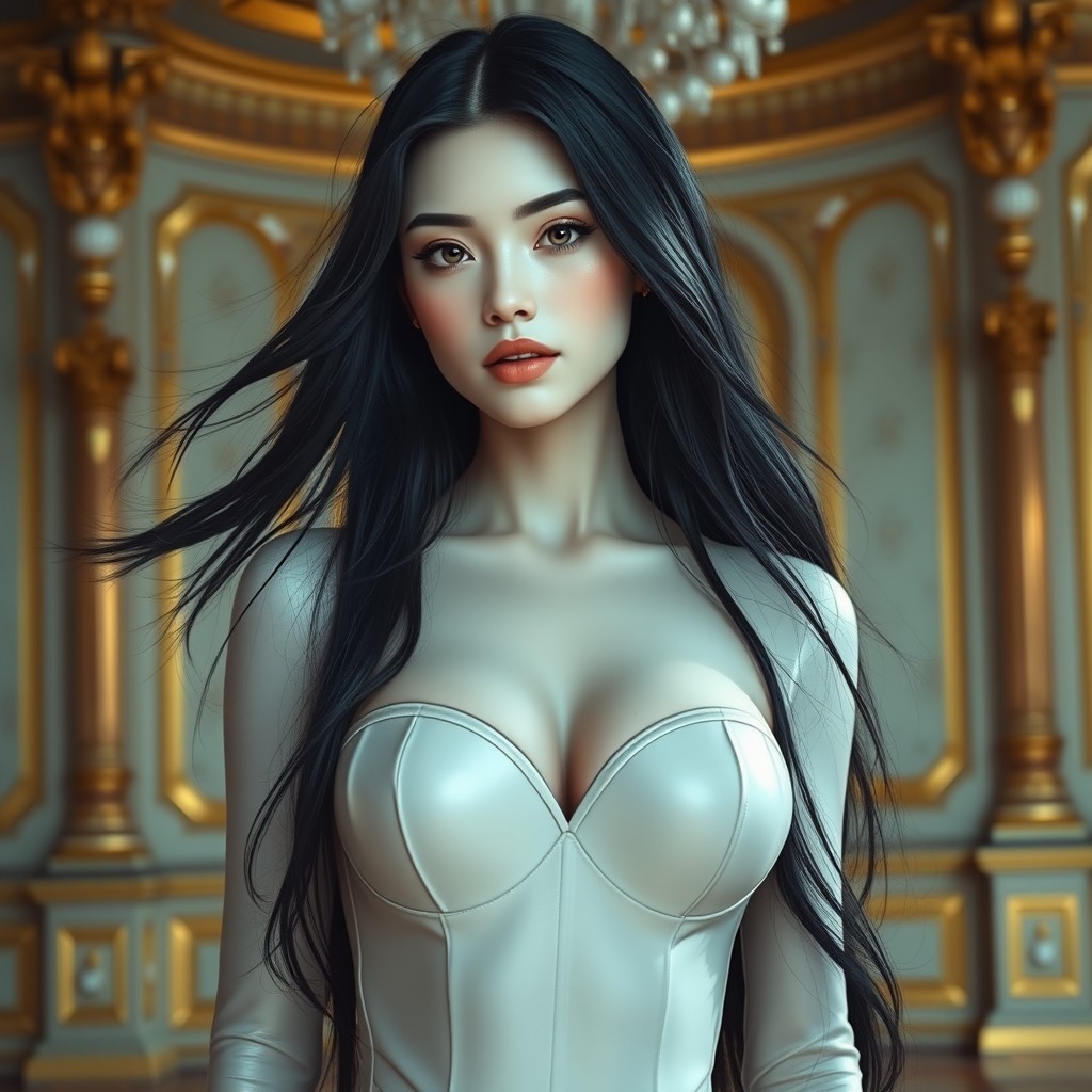 A beautiful scene of an 18-year-old girl with exceptionally fair skin and a stunning figure, her prominent bust resembling the shape of a pomegranate