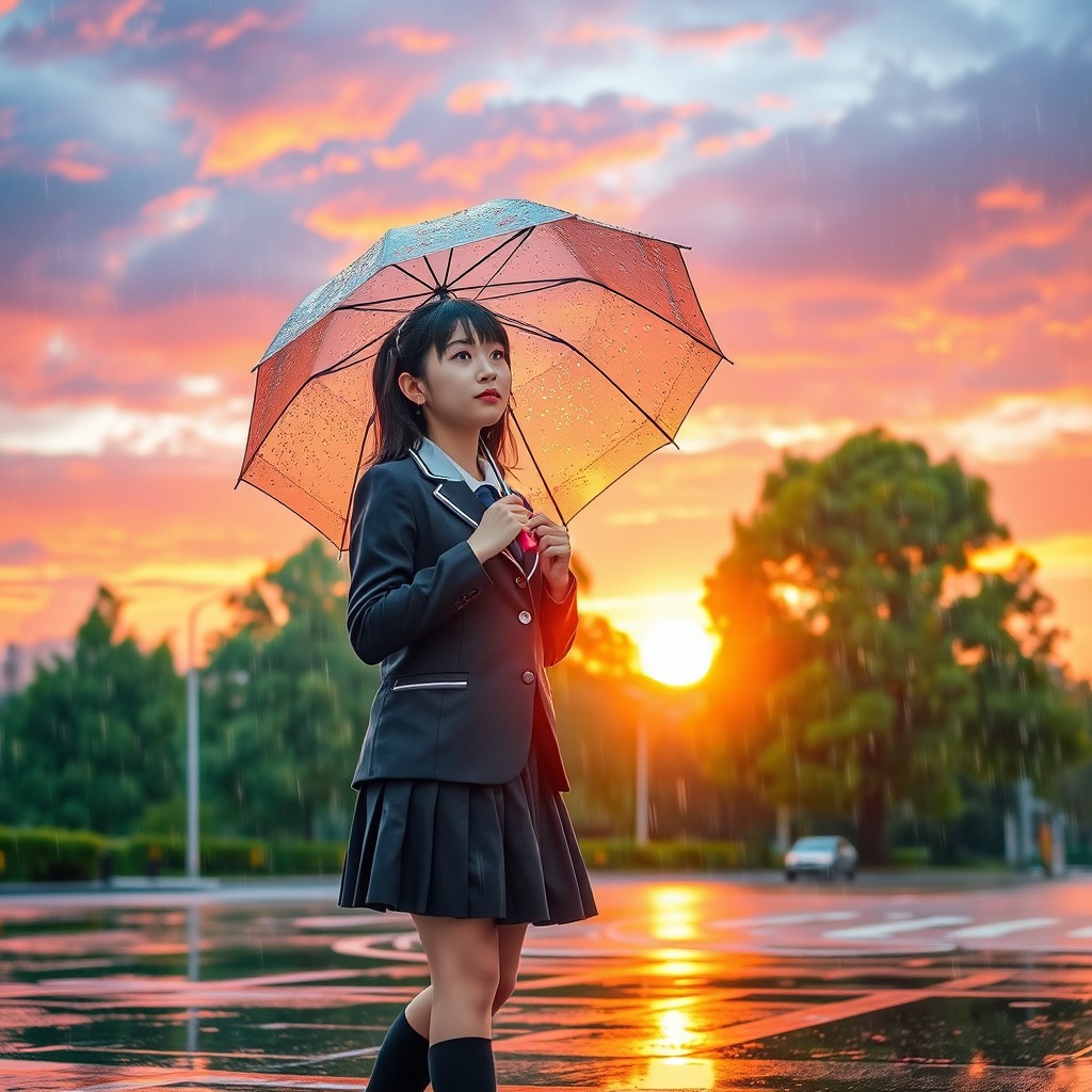 A Japanese student standing under the rain during sunset, wearing a traditional school uniform with a dark blazer and a pleated skirt, holding an umbrella that reflects colorful raindrops