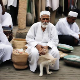 An elderly Hajj pilgrim transforming into a cat in a market.