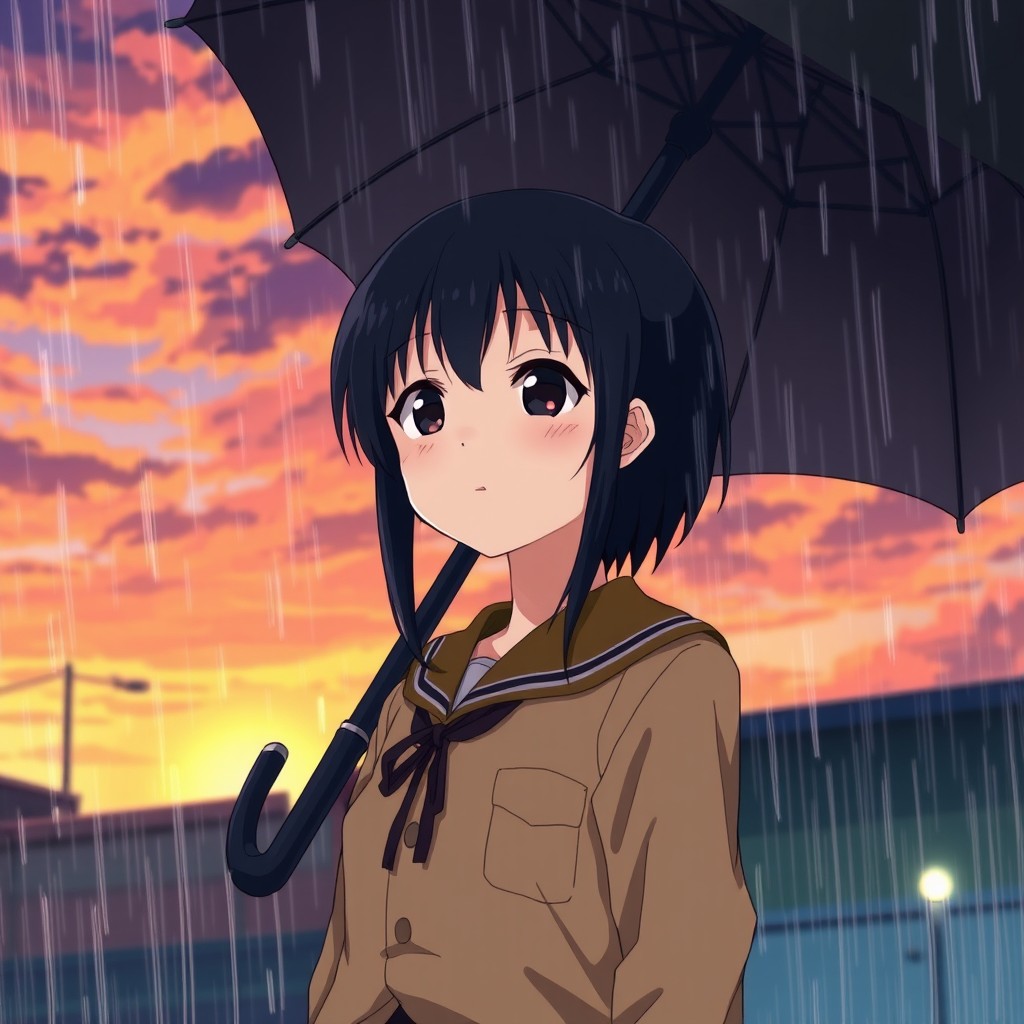 A Japanese high school student in a brown uniform standing in the rain without an umbrella, looking contemplative