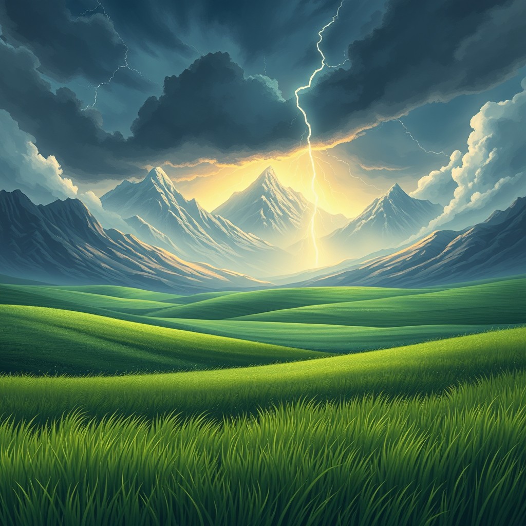 A vast green prairie with rolling hills, set against a backdrop of majestic mountains