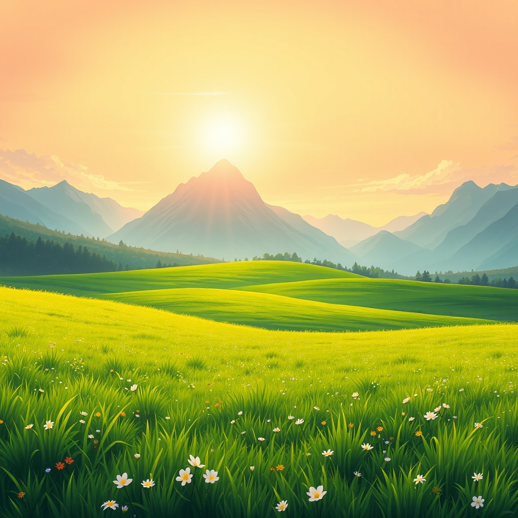 A vast green meadow with multiple mountains in the background under a beautiful sunrise, inspired by the anime style of Hai to Gensou no Grimgar
