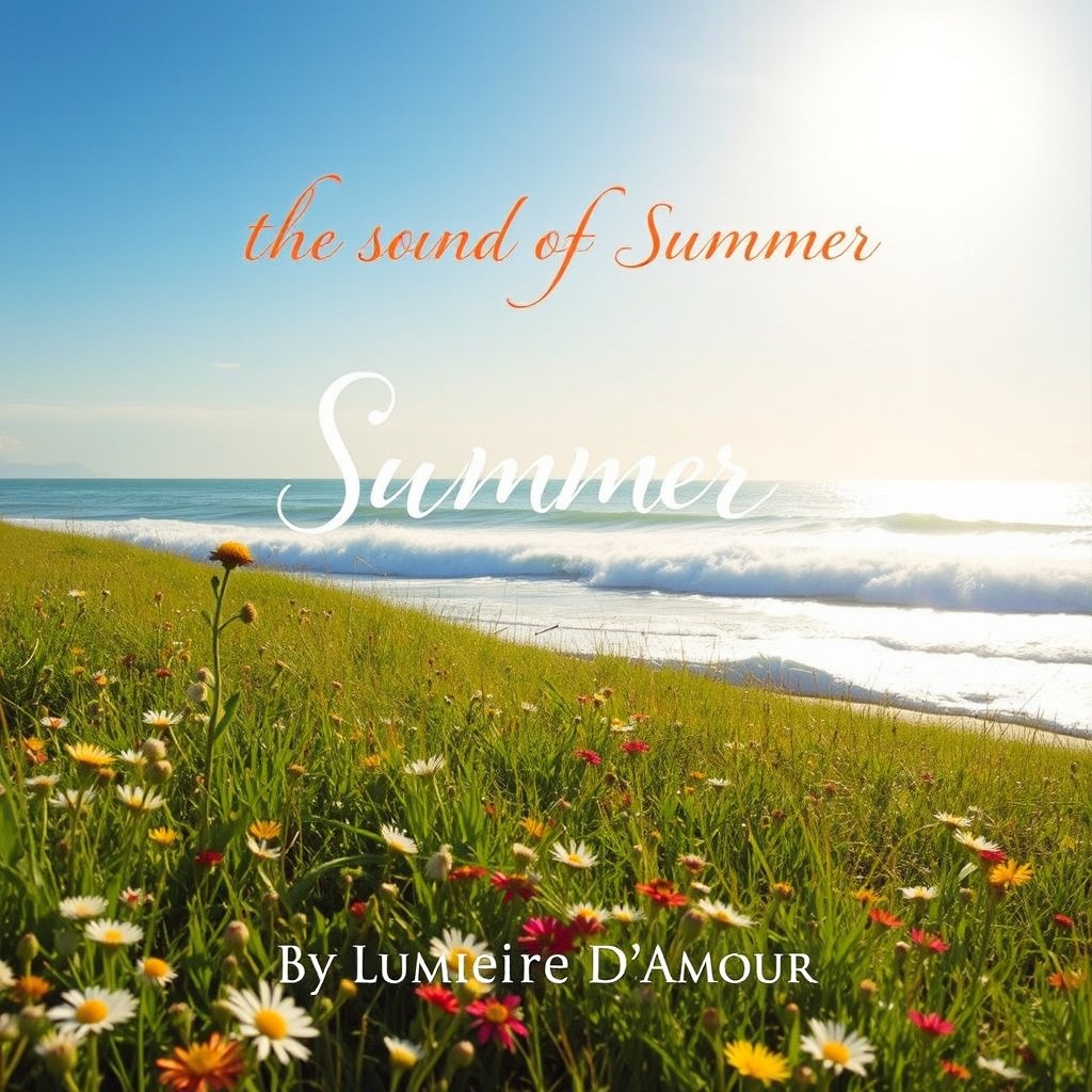 An album cover for 'The Sound Of Summer' by Lumiere D'Amour, featuring a vibrant summer landscape with golden sun rays illuminating a lush green meadow filled with wildflowers