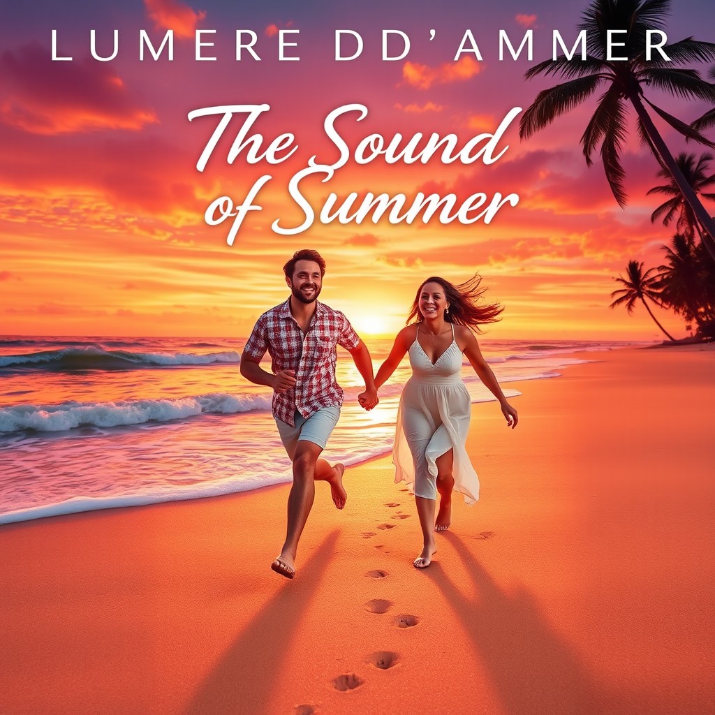 An album cover for 'The Sound Of Summer' by Lumiere D'Amour, featuring a happy couple running hand in hand towards a stunning sunset on a picturesque beach