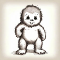 Adorable drawing of a Bigfoot baby with large feet, exuding innocence and cuteness.