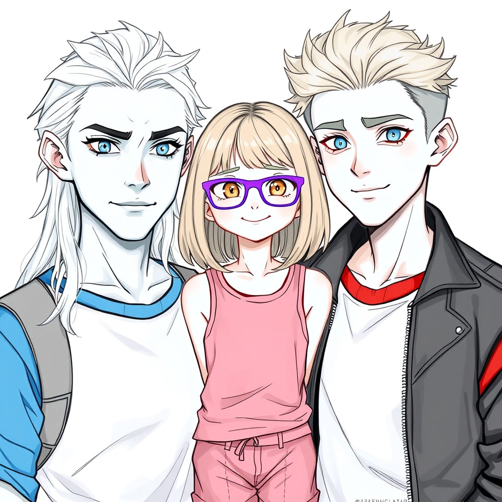 A semi-realistic drawing of two young adult men who appear as albinos with blue eyes