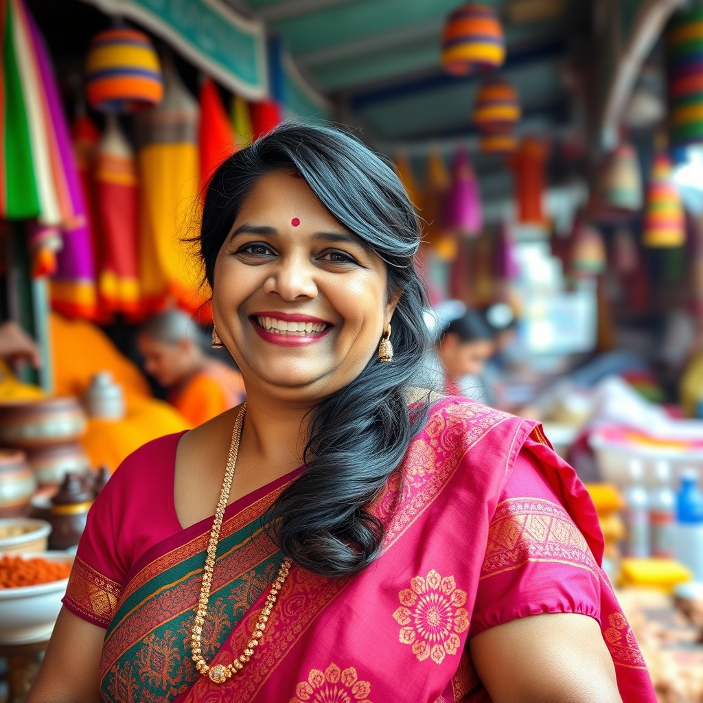 A cheerful chubby Indian aunty smiling warmly, wearing a colorful saree with intricate patterns