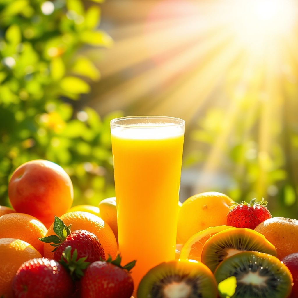 A vibrant and inviting scene depicting fresh fruit juice illuminated by bright, golden sun rays