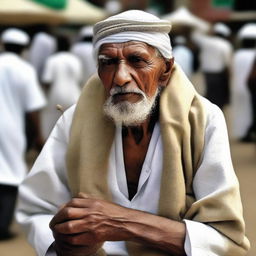 An elderly Hajj pilgrim transforming into a cat-human hybrid in a market.