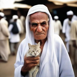 An elderly Hajj pilgrim transforming into a cat-human hybrid in a market.