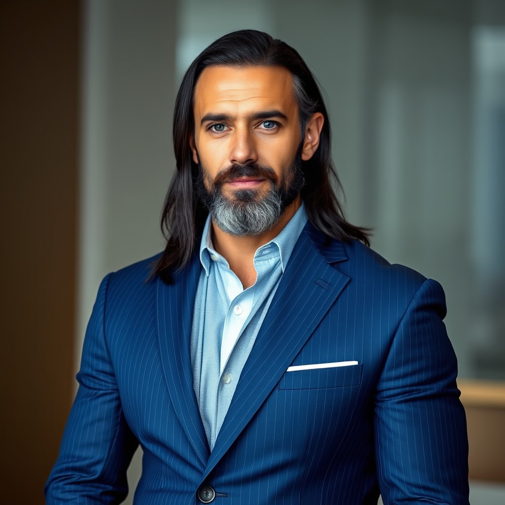 A middle-aged man with long black hair and a medium-length black and grey beard