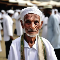 An elderly Hajj pilgrim transforming into a cat-human hybrid in a market.