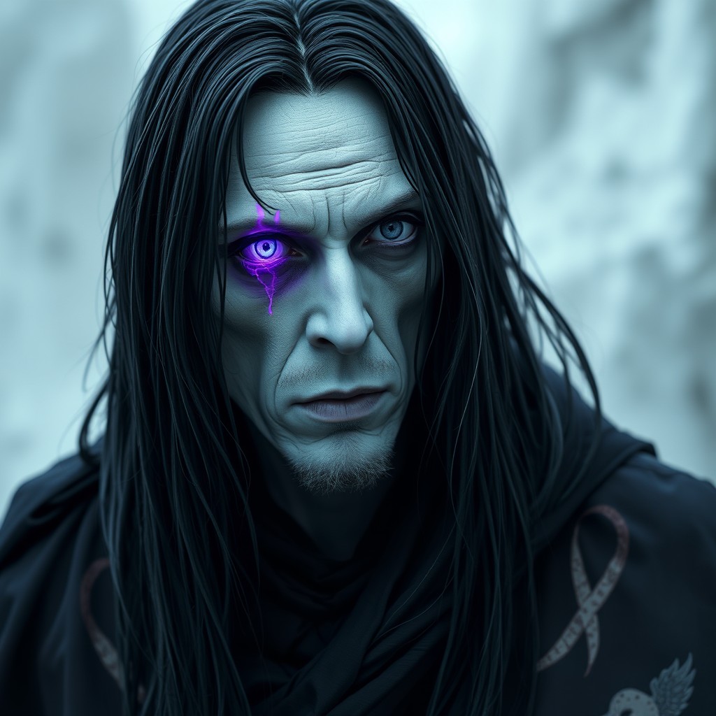 A 40-year-old man with extremely pale skin and strikingly bright black eyes, from which a small purple flame emerges from one eye, creating an intriguing and mystical effect