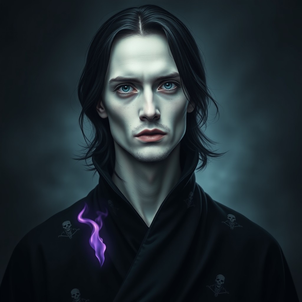 An attractive 40-year-old man with extremely pale skin and captivating bright black eyes, from which a small purple flame emanates, adding an intriguing element to his gaze