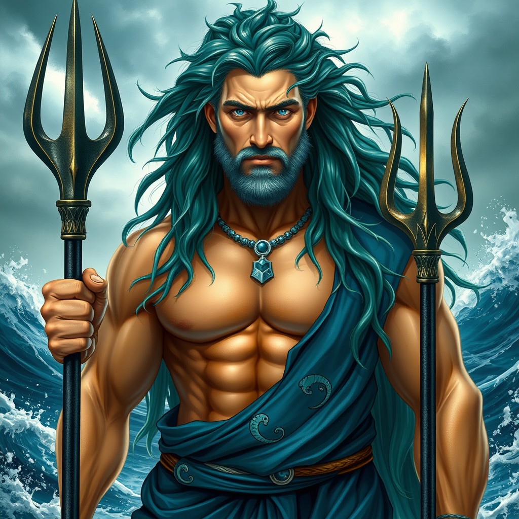 A representation of Poseidon inspired by the Percy Jackson series, featuring him as a muscular man in his fifties with long, untamed sea-green hair that flows like ocean waves