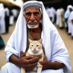 An elderly Hajj pilgrim transforming into a cat-human hybrid in a market.