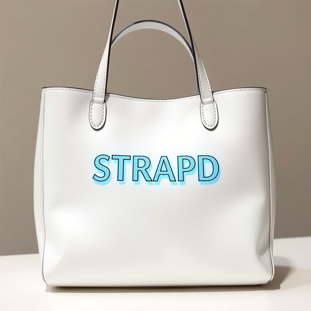 A stylish white bag featuring the word 'STRAPD' prominently displayed in the center in bold, eye-catching letters