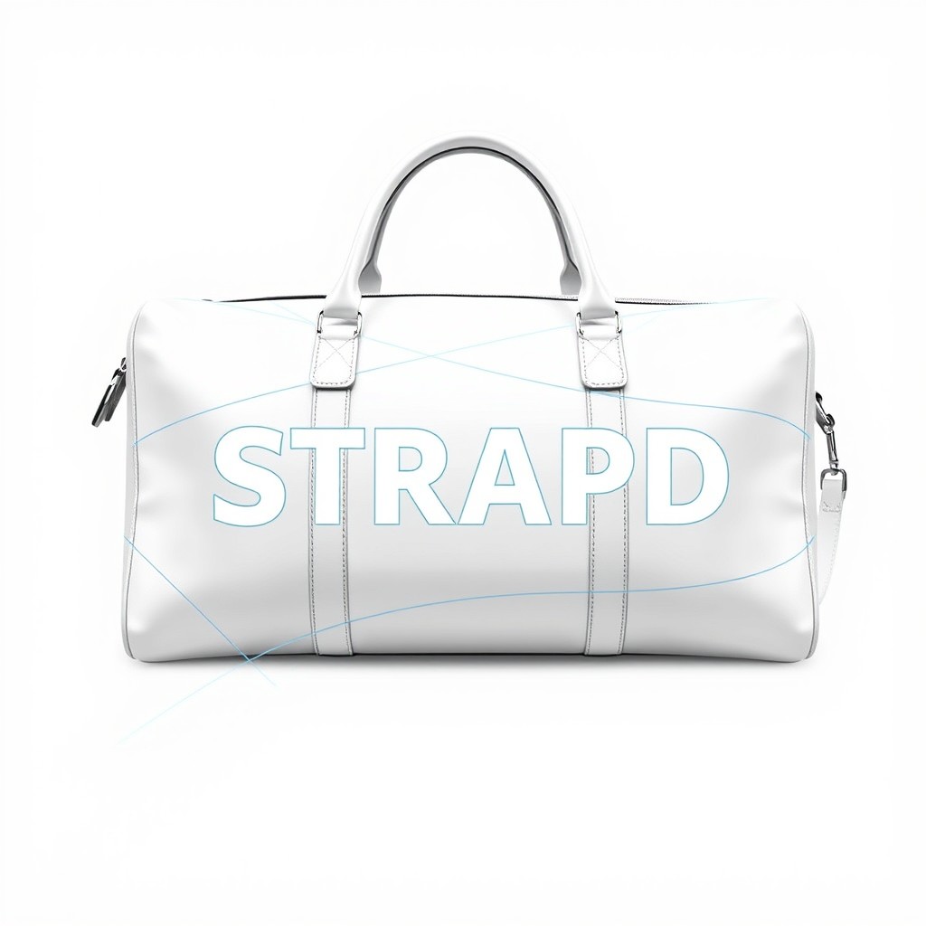 A stylish men's travel bag designed in a sleek white color, prominently featuring the word 'STRAPD' in large, bold letters in the center