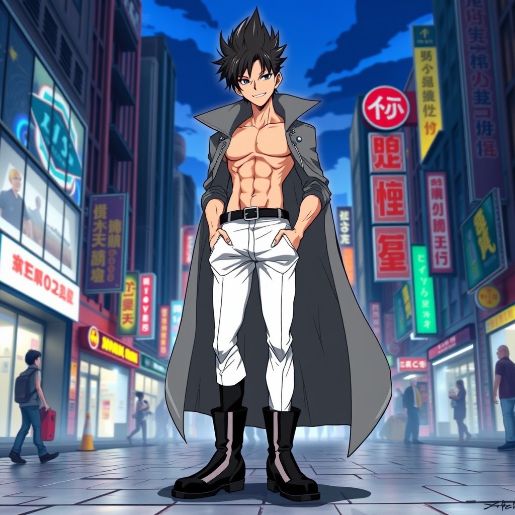 A tall anime character in the style of One Punch Man, with a slim physique and a bold, cheeky smile