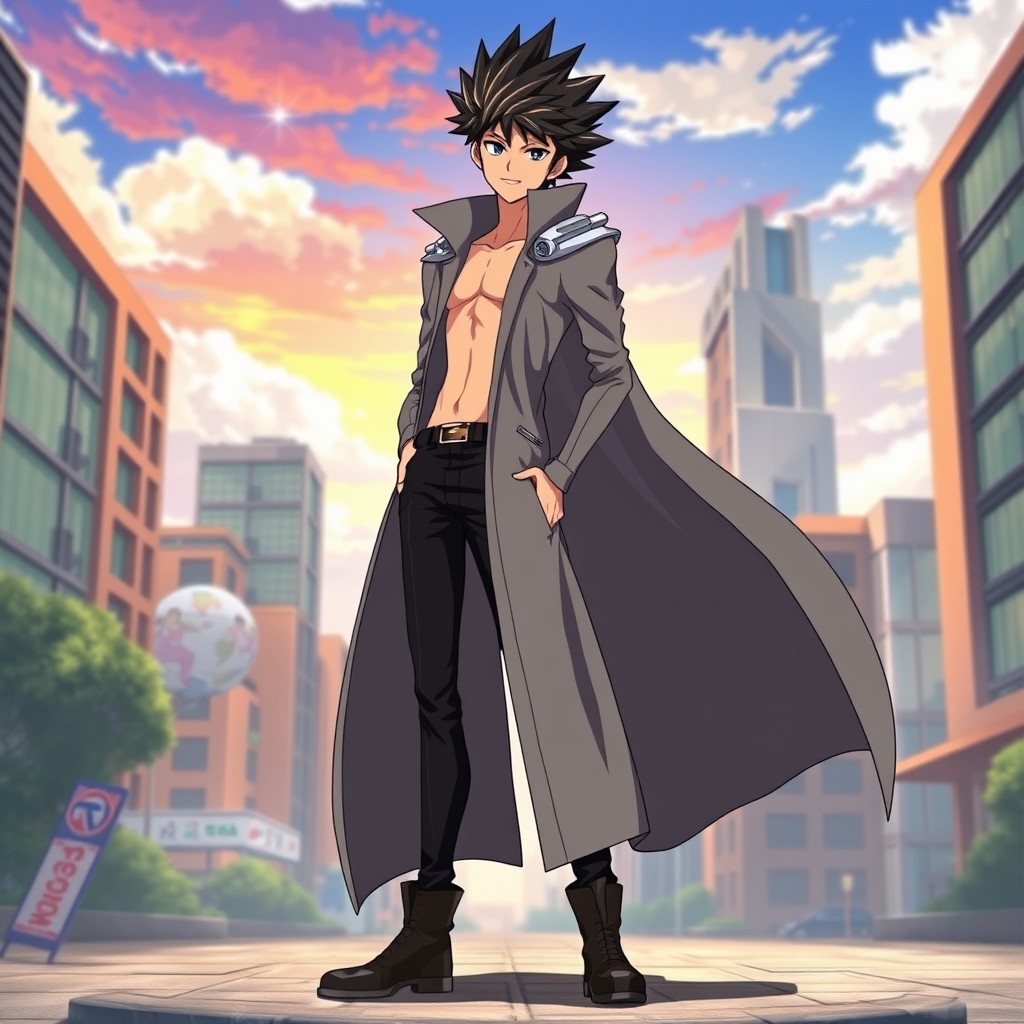 An anime character inspired by One Punch Man, depicted as a tall figure with a slim physique and a dramatically poised smile