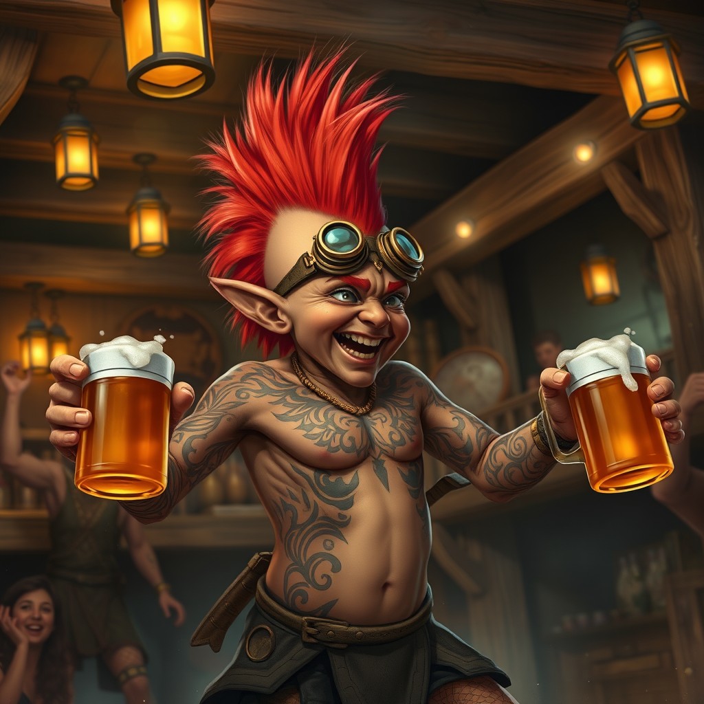 A bronze-skinned halfling with a vivid reddish-orange mohawk, his body adorned with intricate tribal tattoos that extend over his head and arms