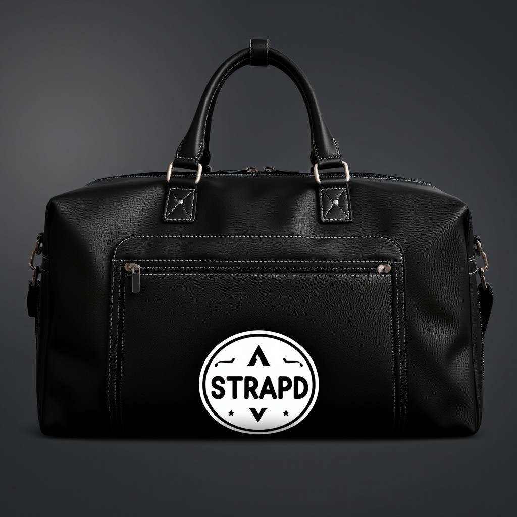 A stylish black travel bag featuring a prominently displayed logo of 'STRAPD' in the center