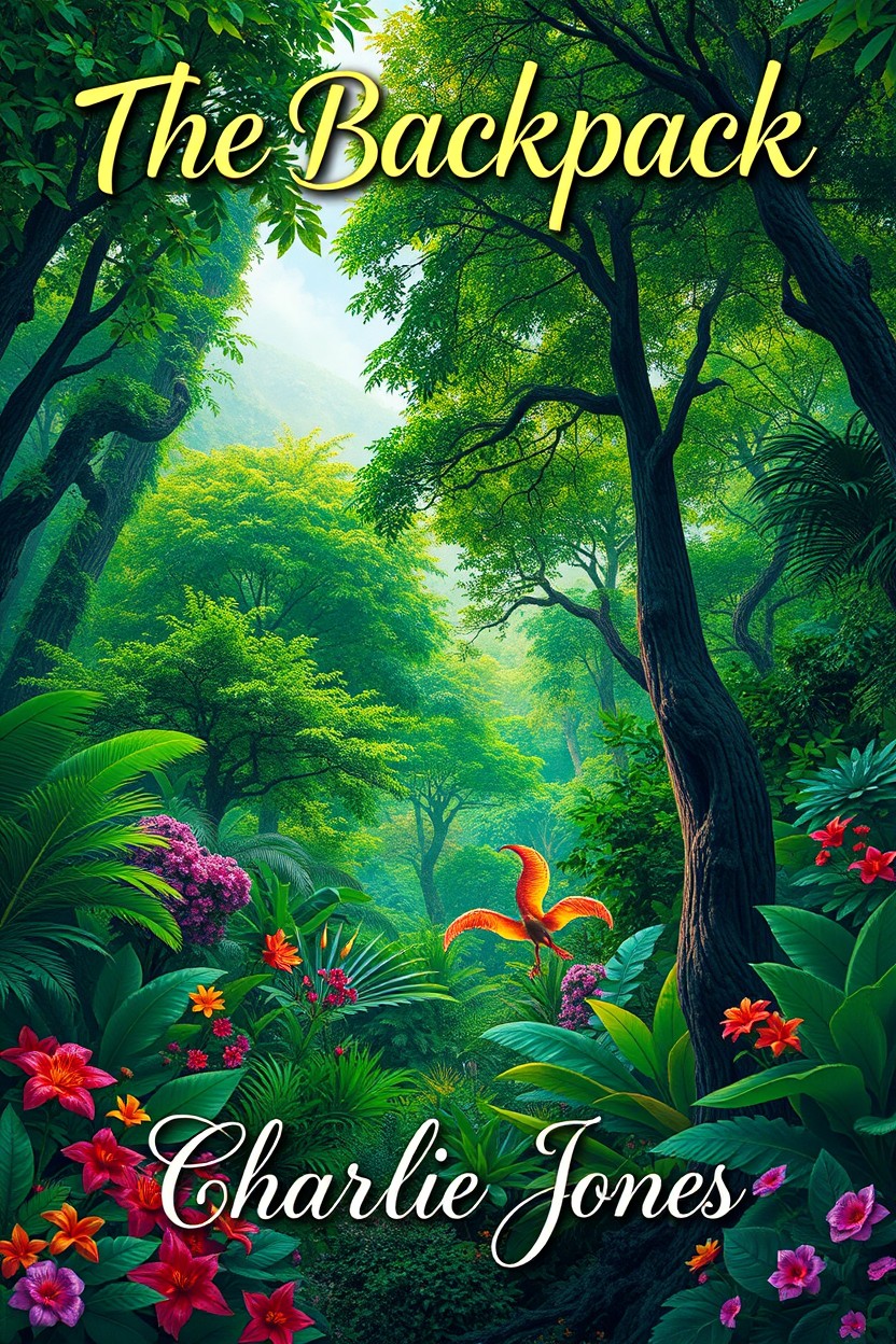 A lush, vibrant rainforest filled with diverse flora and fauna, showcasing tall trees with dense green canopies, vibrant leaves, and colorful flowers