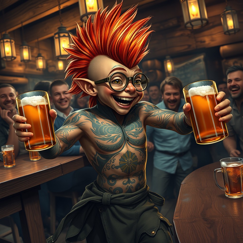 A bronze-skinned halfling with a striking reddish-orange Mohawk hairstyle, adorned with intricate tribal tattoos covering his body and head