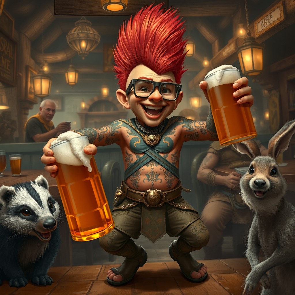 A lively scene in a bustling tavern featuring a bronze-skinned halfling with a striking reddish-orange Mohawk hairstyle