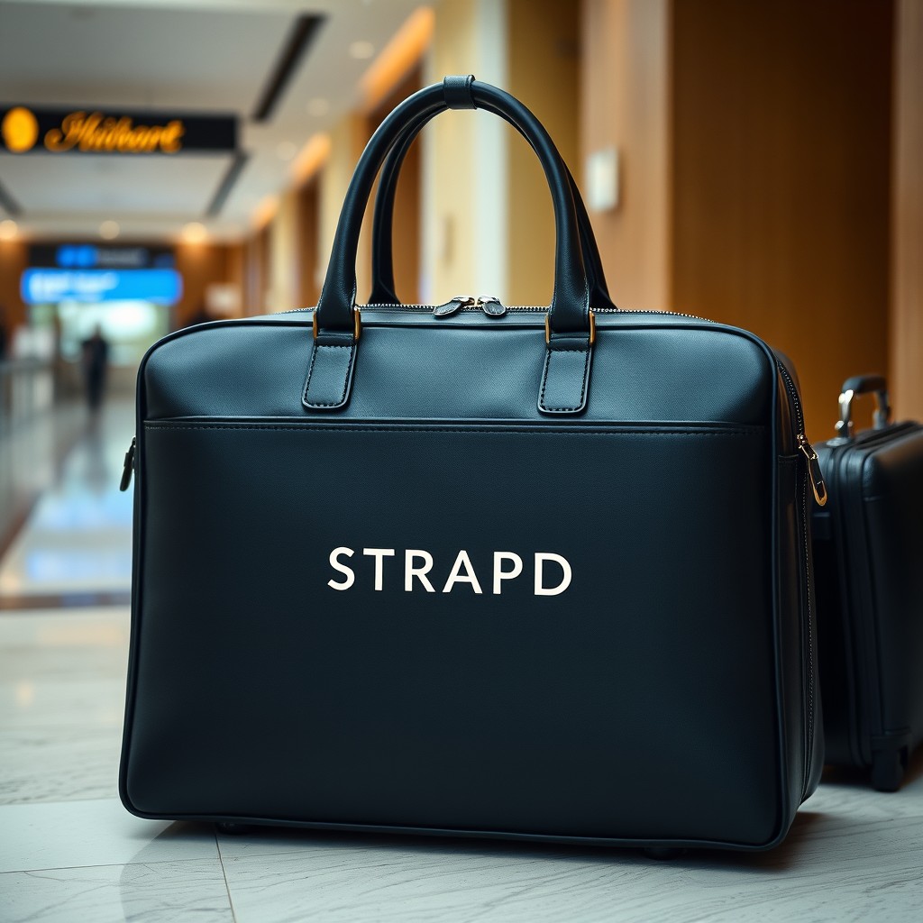 A stylish black travel bag featuring a discreet STRAPD logo positioned in the center