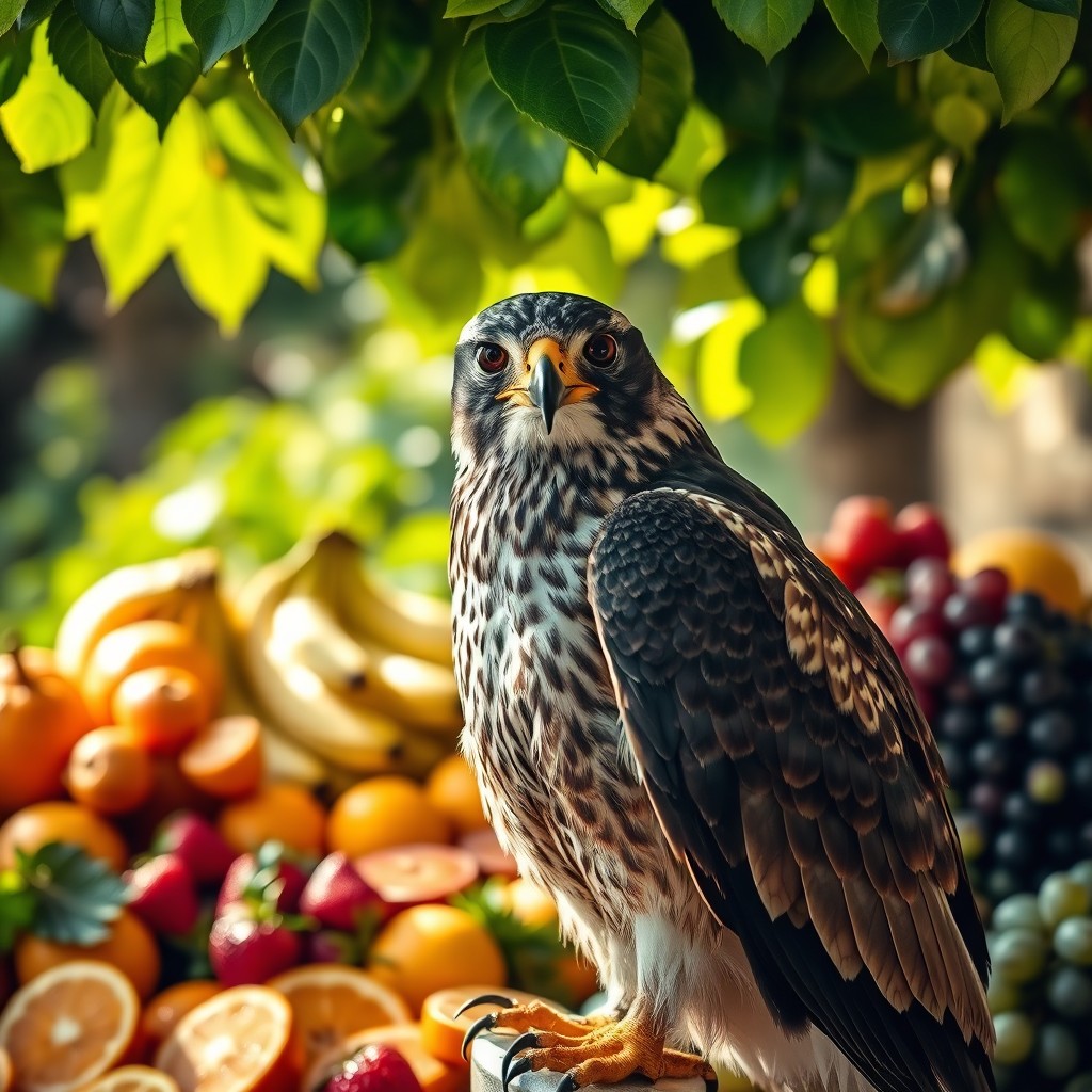A majestic falcon perched prominently in the foreground, with a vibrant and colorful table of assorted fruits, specifically oranges, bananas, strawberries, and grapes, beautifully arranged in the background