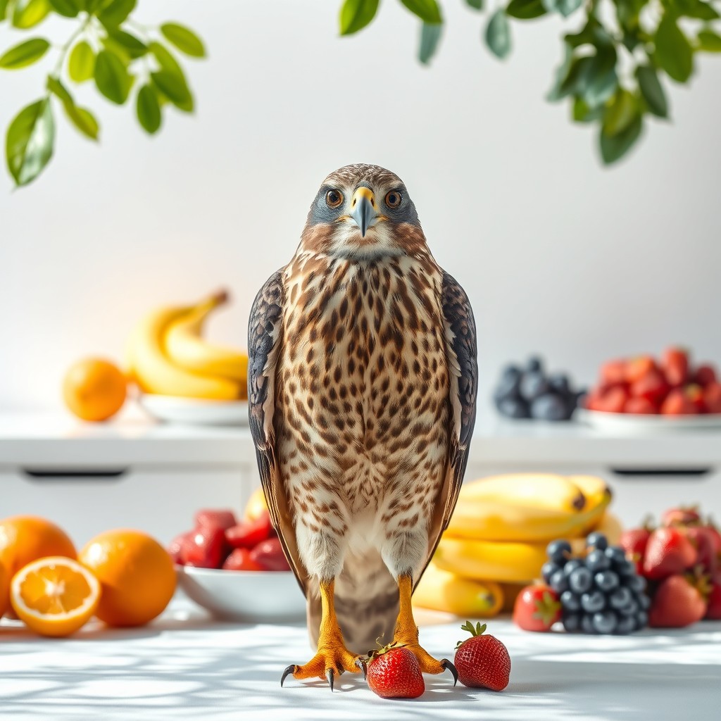 A majestic falcon perched prominently in the foreground, with a clean and clear table of assorted fruits, specifically oranges, bananas, strawberries, and a few bunches of grapes, beautifully arranged in the background