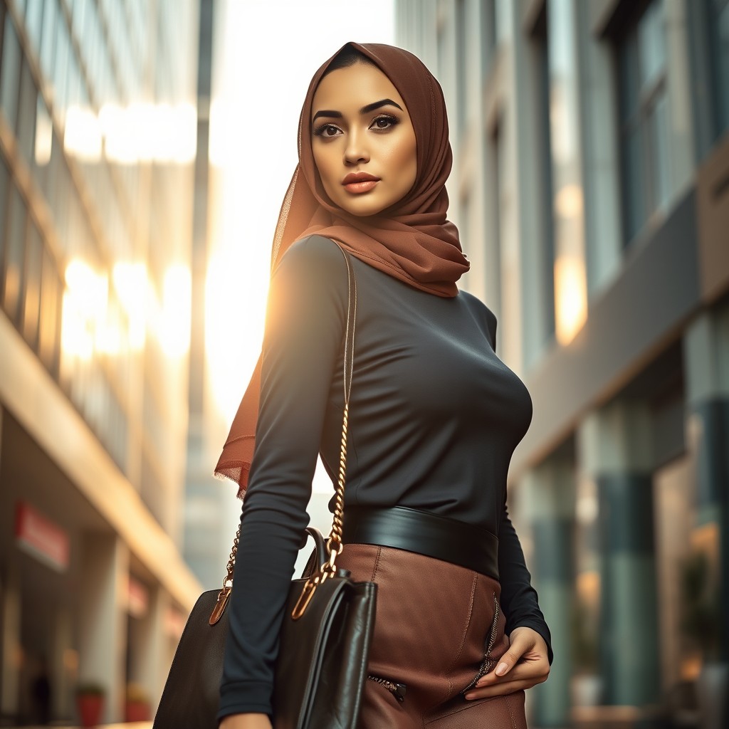 A beautiful young woman wearing a stylish hijab and form-fitting clothes, exuding confidence and elegance