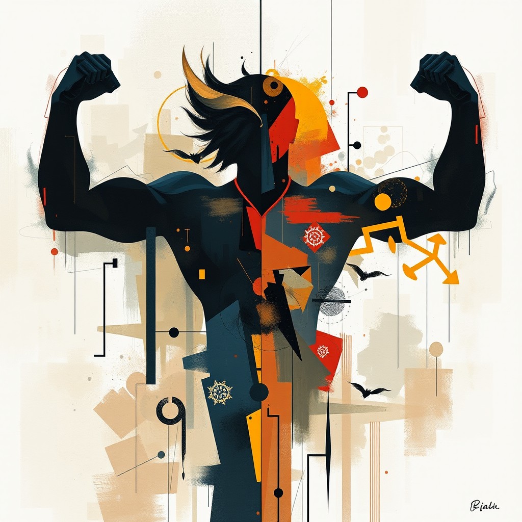 An abstract and artistic representation focusing on themes of masculinity and strength, using symbolic elements and shapes to convey the idea without explicit content