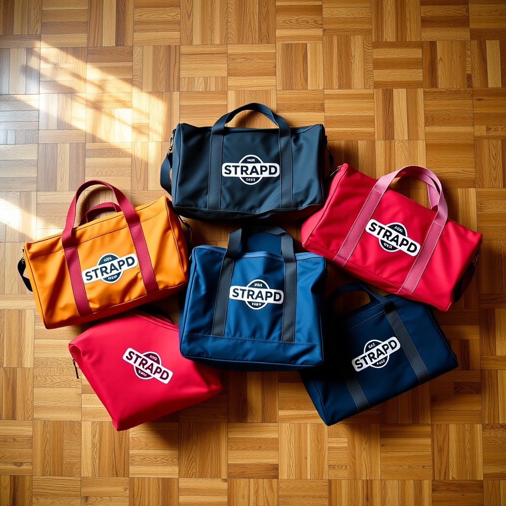 Five travel bags, each in a different color, featuring the STRAPD logo prominently in the center of each bag