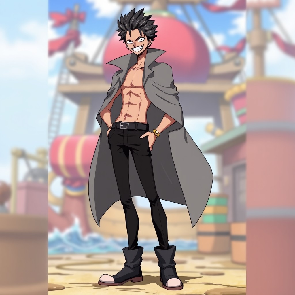 An anime character inspired by One Piece, depicted as a tall figure with a slim physique and an exaggeratedly smug smile