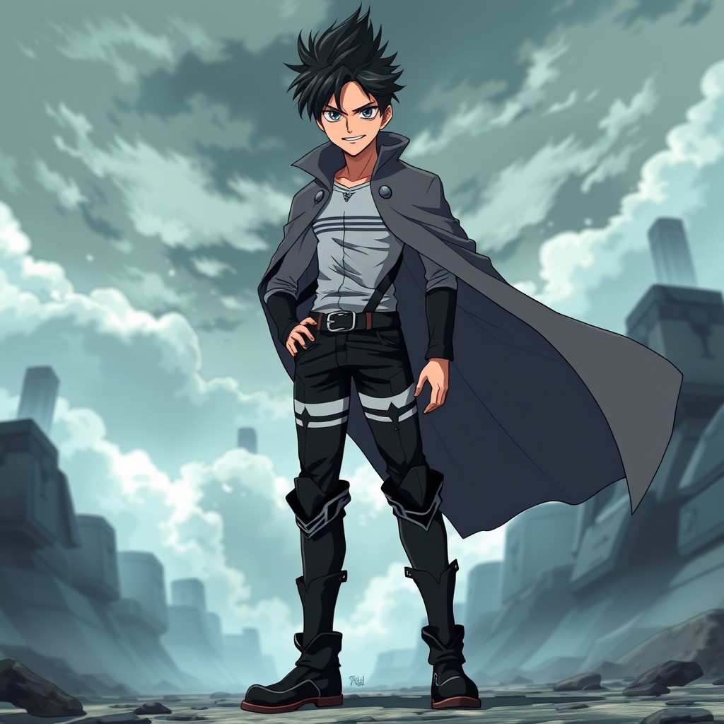 An anime character inspired by Attack on Titan, featuring a tall figure with a slim physique and an exaggeratedly smug smile