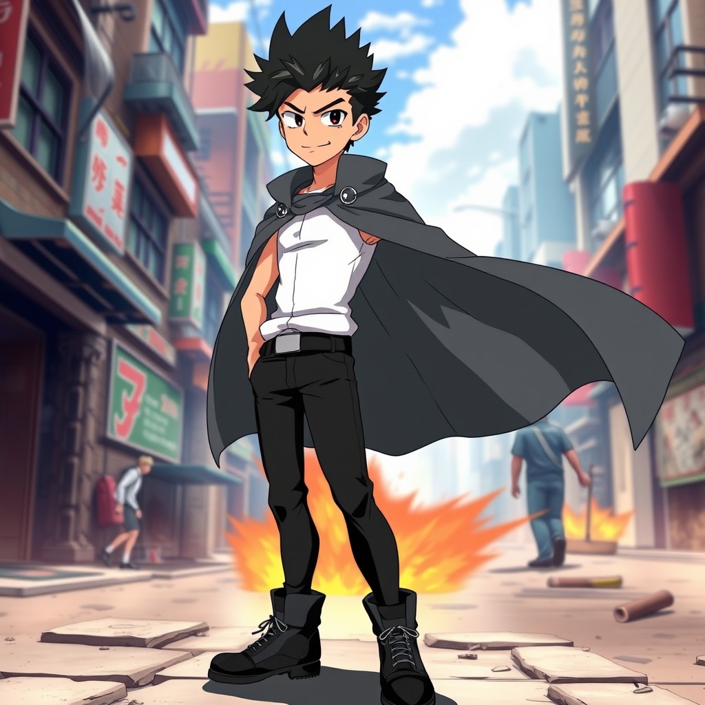 An anime character inspired by One Punch Man, depicted as a young tall figure with a slim physique, sporting an exaggeratedly smug smile