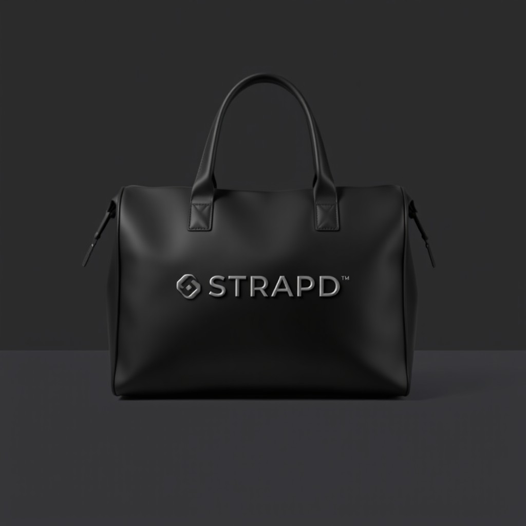 A stylish black travel bag featuring the logo STRAPD in a sleek, monochromatic design