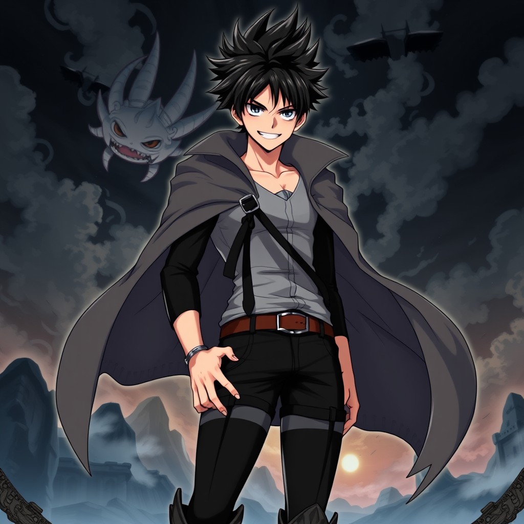 An anime character inspired by Attack on Titan, depicted as a young tall man around 25 years old with a slim physique and an exaggeratedly smug smile