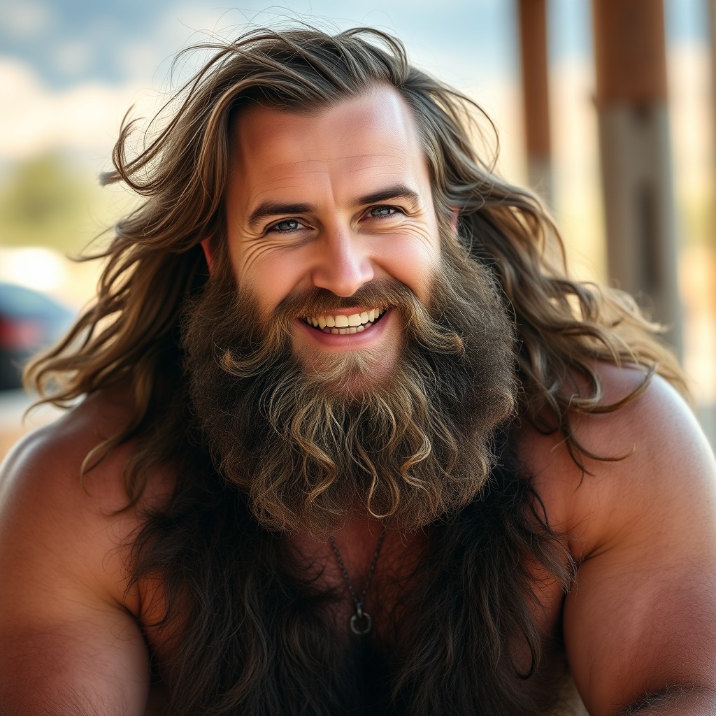 A portrait of a very hairy man, showcasing his thick, rugged chest hair, arms, and beard