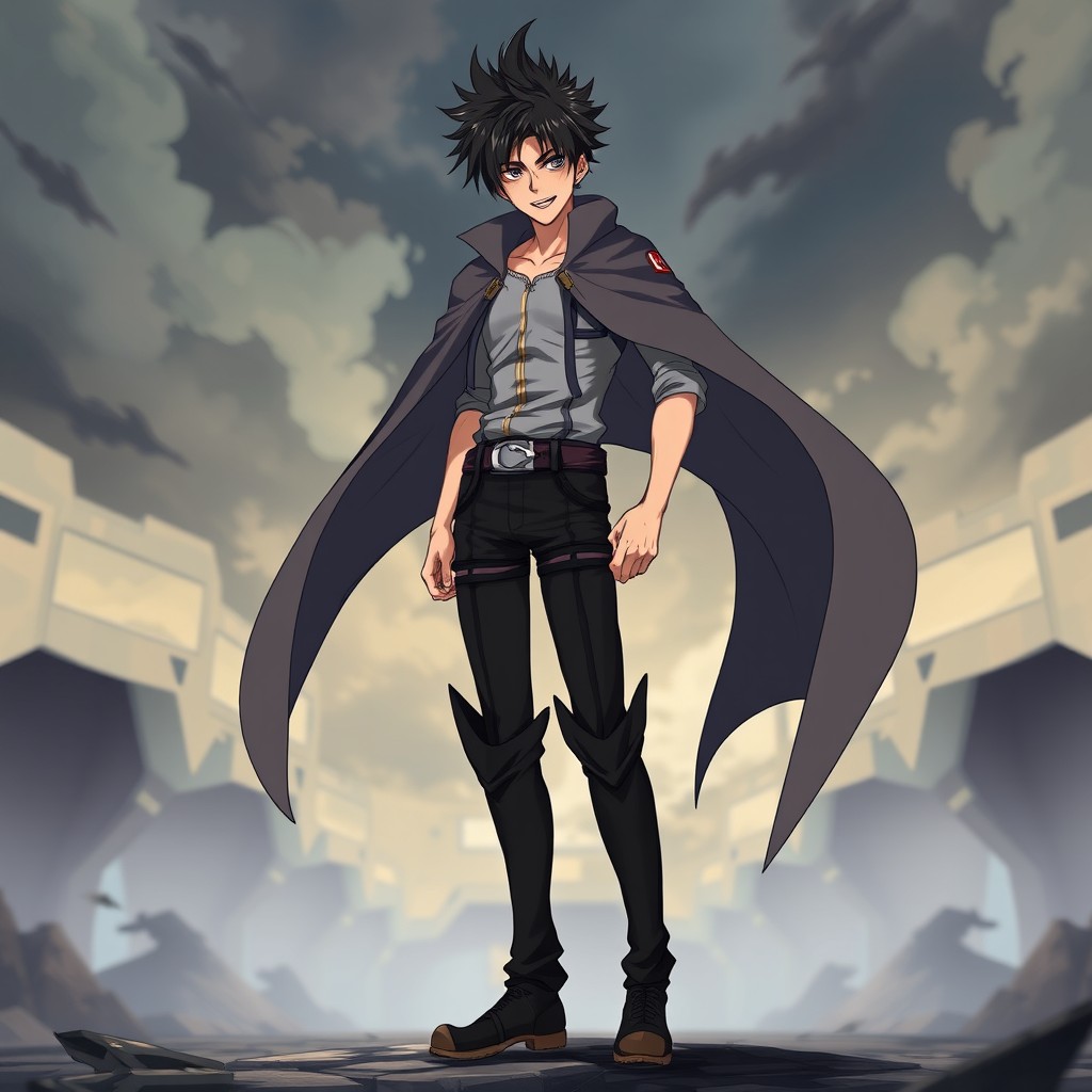 An anime character inspired by Attack on Titan, depicted as a young tall man around 25 years old, with a slim physique and a dramatically smug smile