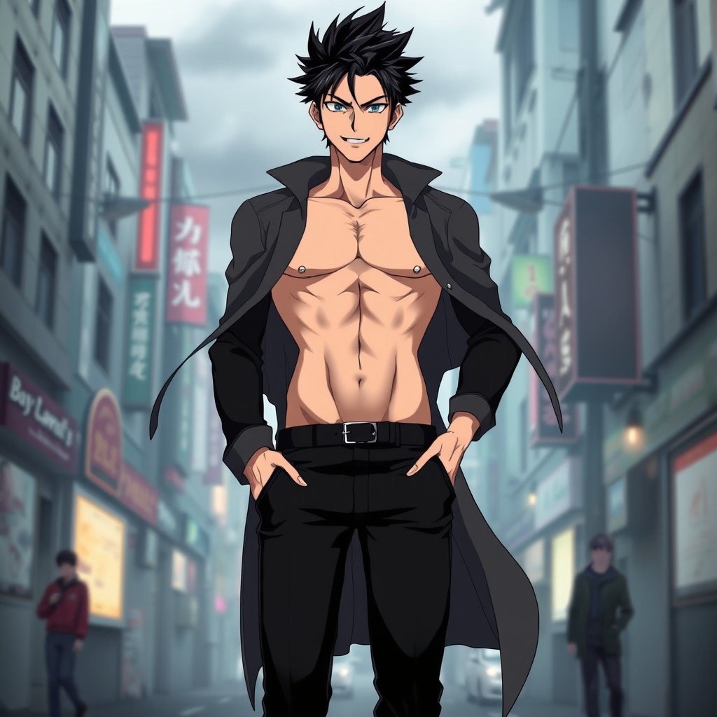 An anime character inspired by Darker than Black, portrayed as a young man around 25 years old with a daring expression and a smug, charismatic smile