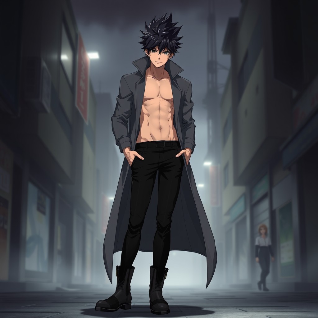 An anime character inspired by Darker than Black, featuring a young man around 25 years old with a daring expression and a charismatic, smug smile