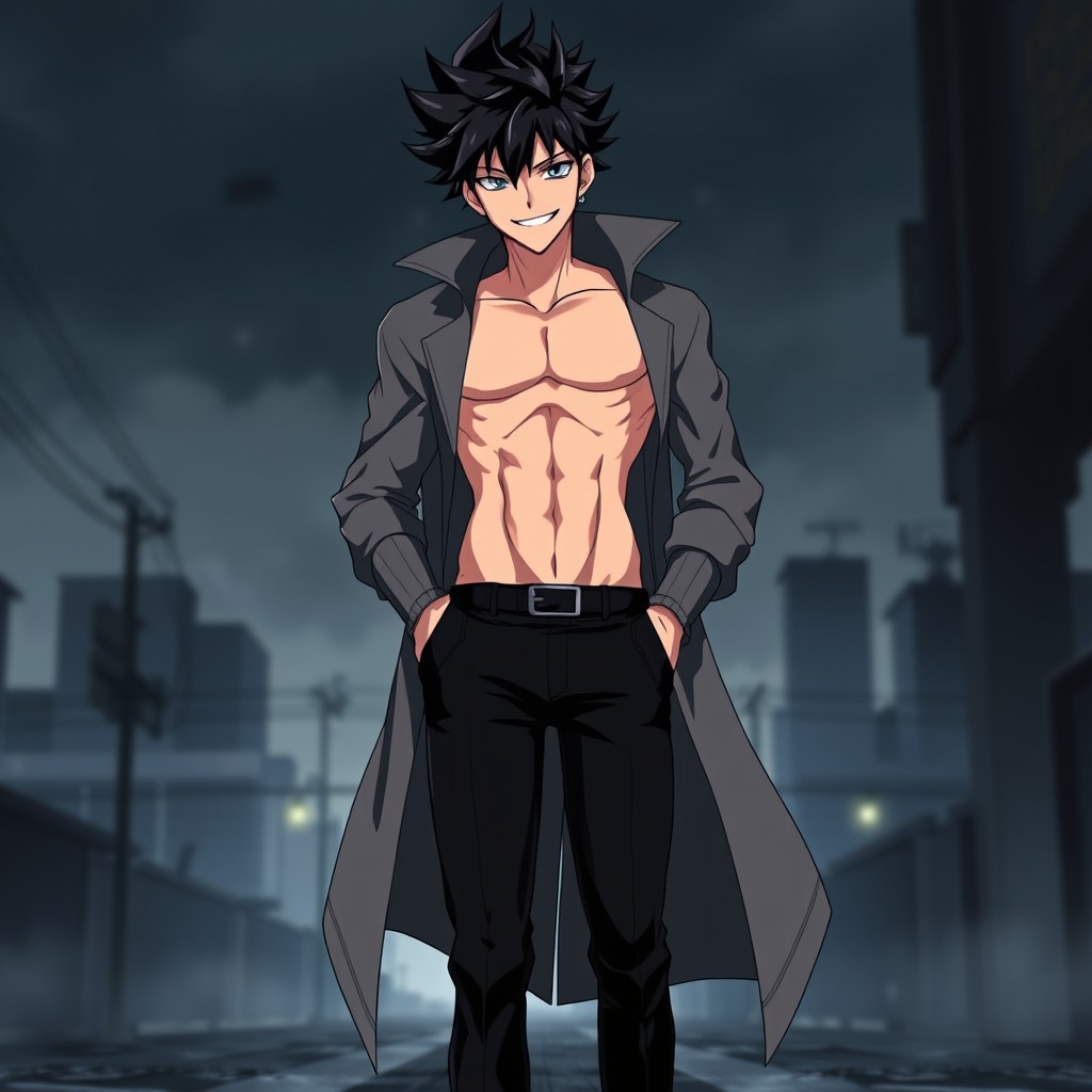 An anime character inspired by Darker than Black, illustrated as a young man around 25 years old with a daring expression and a flamboyant, smug smile